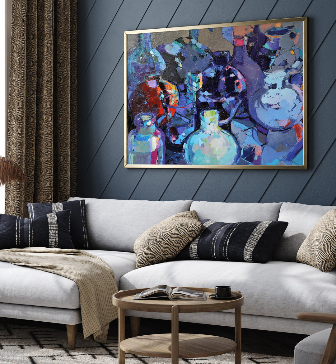 Colorful abstract painting featuring GLASS. JUGS, adding elegance to any space with artistic flair.