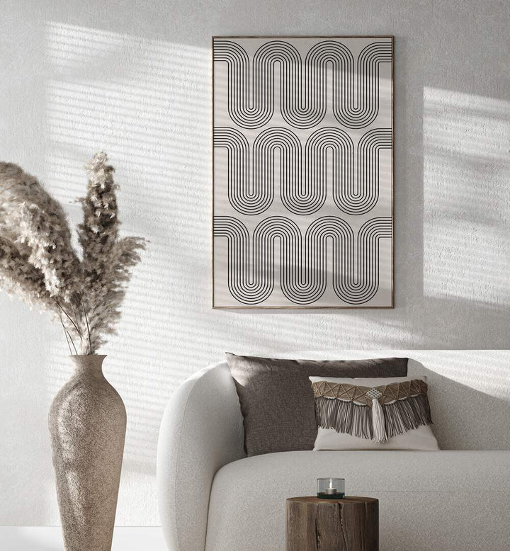 Stunning MODERN WAVES NO.I, GEOMETRIC ART PRINTS, elegantly displayed in a modern living space, enhances creative inspiration.