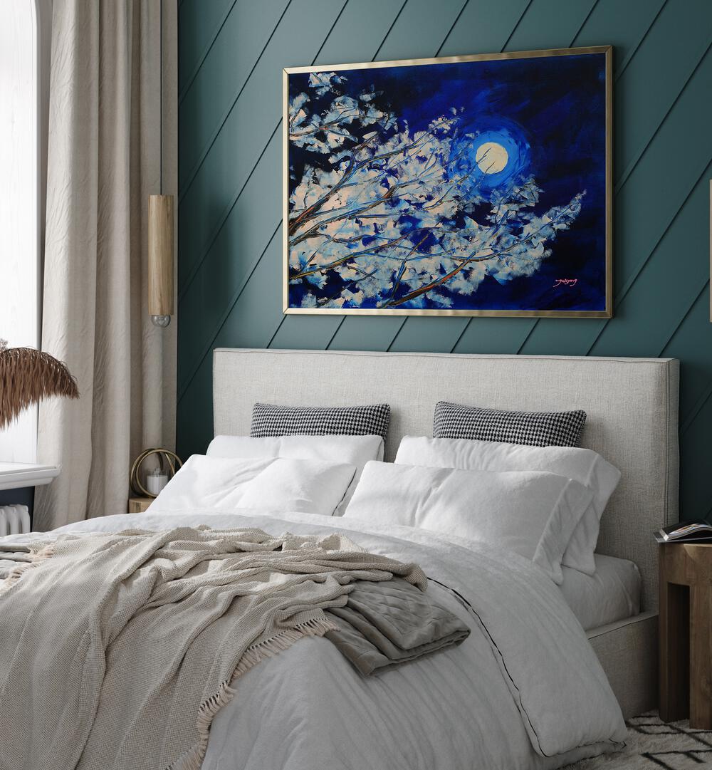 Elegant bedroom featuring BLUEMOON, LANDSCAPE PAINTINGS with a serene moonlit scene above a cozy bed.