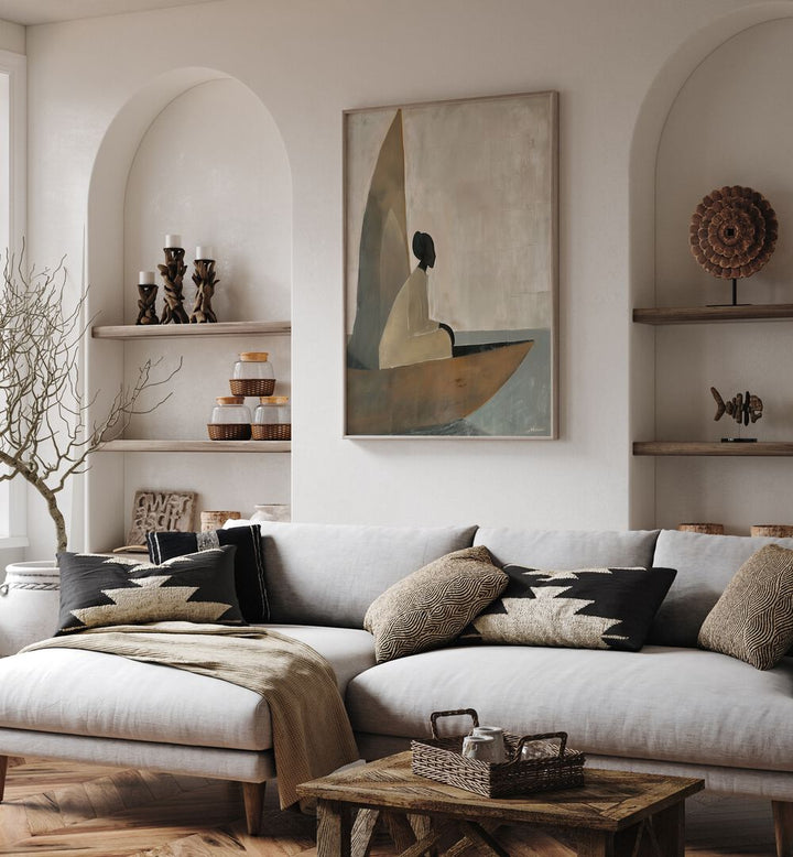 Elegant WOMAN ON BOAT, PORTRAITS artwork adds a serene touch to any space, perfect for modern decor enthusiasts.