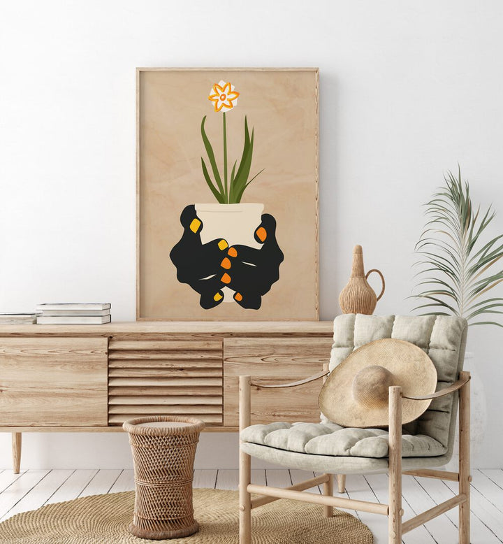 Holding Hope, Floral Flower Paintings, showcases hands cradling a vibrant flower pot, symbolizing resilience and inspiration.