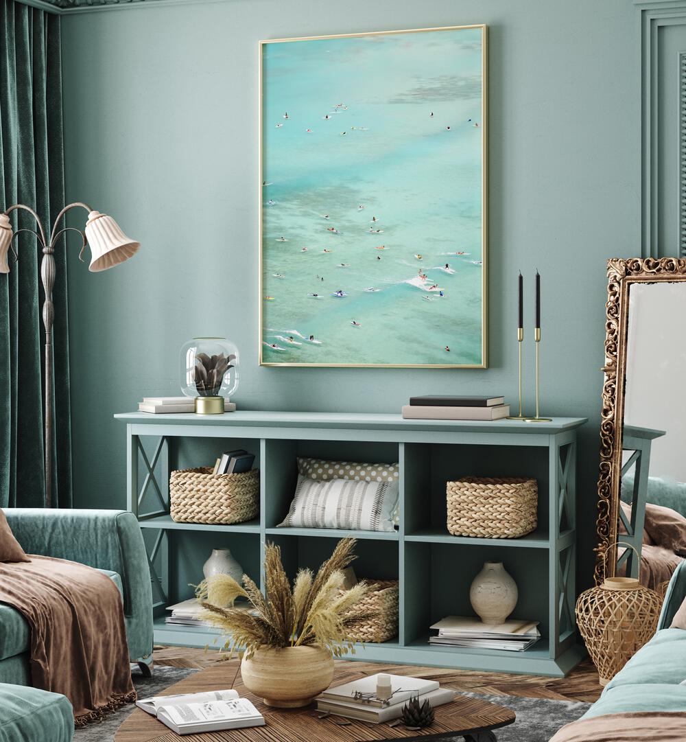 Bright and airy room showcasing SURFERS JOY, BEACH PAINTINGS, perfect for surf enthusiasts and beach lovers alike.