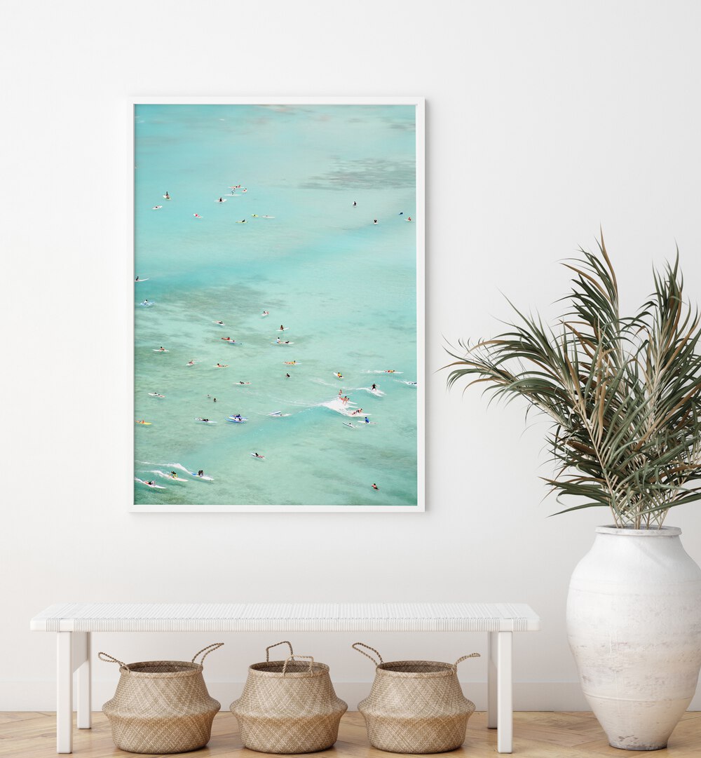 Surfers enjoy vibrant waves in this stunning piece, "SURFERS JOY, BEACH PAINTINGS," perfect for beach lovers.