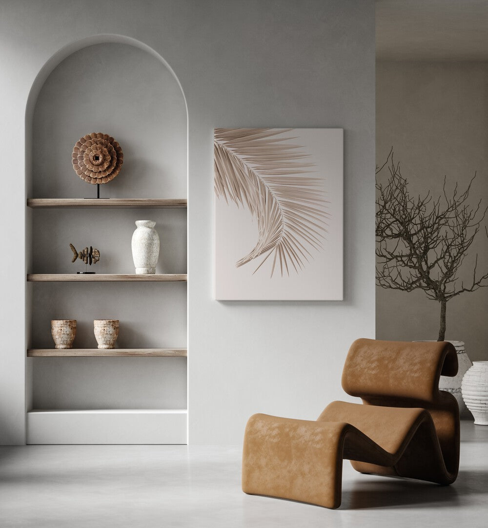 TAN LEAF II, FLORAL FLOWER PAINTINGS displayed in a modern interior with stylish decor and earthy tones.