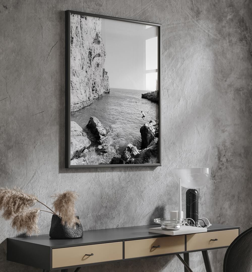 Stunning black-and-white depiction of THE DIVE, BEACH PAINTINGS, capturing coastal beauty and tranquil waters.