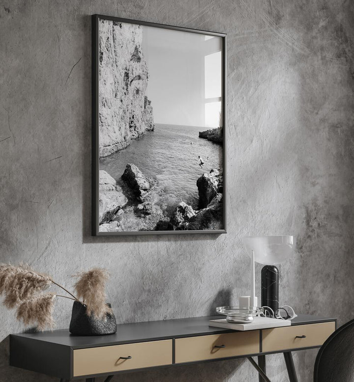 Stunning black-and-white depiction of THE DIVE, BEACH PAINTINGS, capturing coastal beauty and tranquil waters.