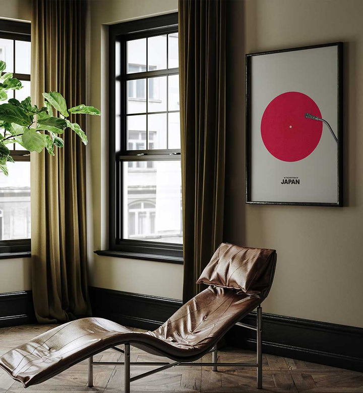 Stylish interior featuring JAPAN RHYTHM, JAPANESE PAINTINGS, accentuated by a vibrant red artwork.