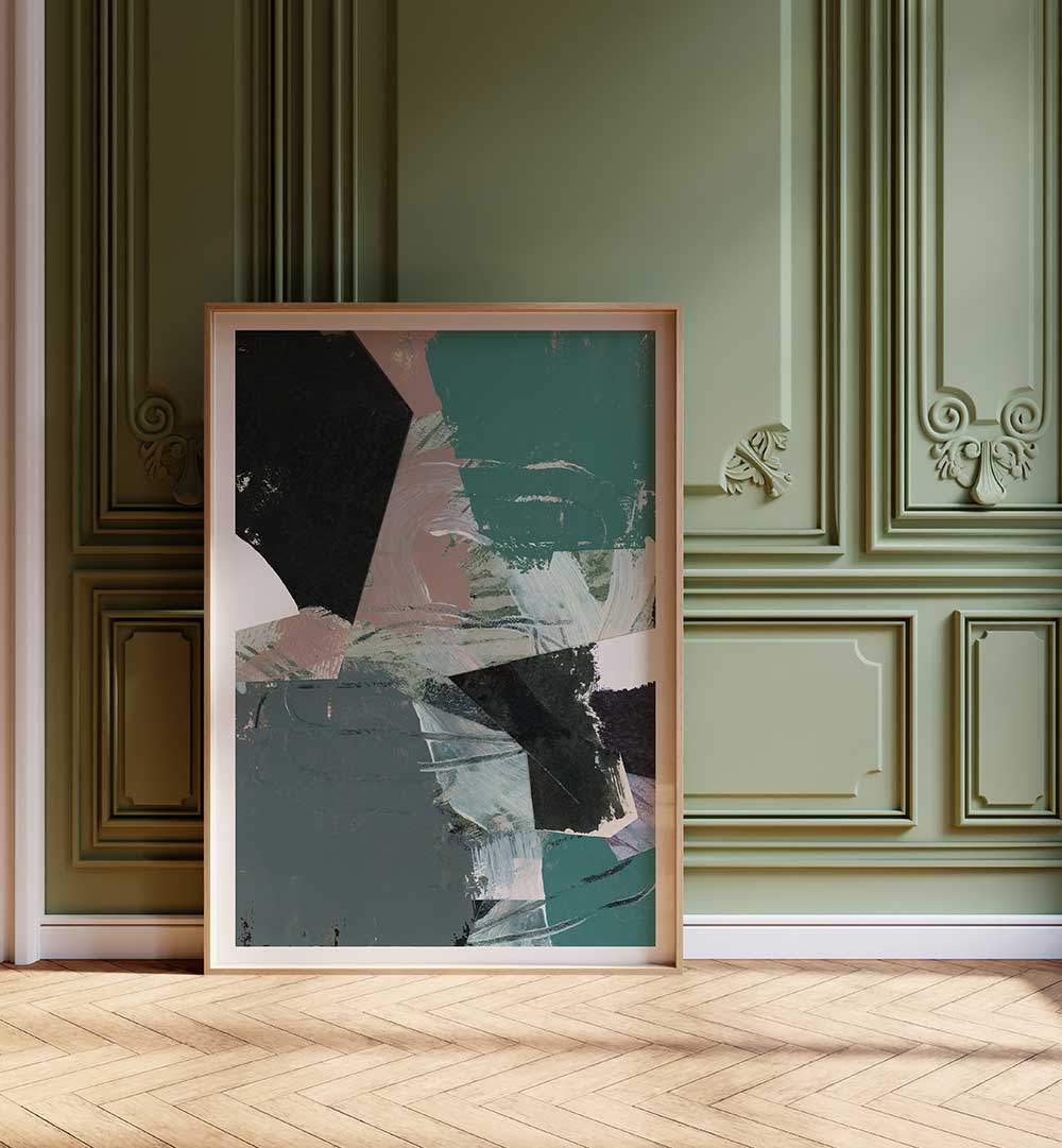 Stunning BLUE BLACK NEUTRAL III, ABSTRACT PAINTINGS showcased in a stylish room, perfect for contemporary decor.