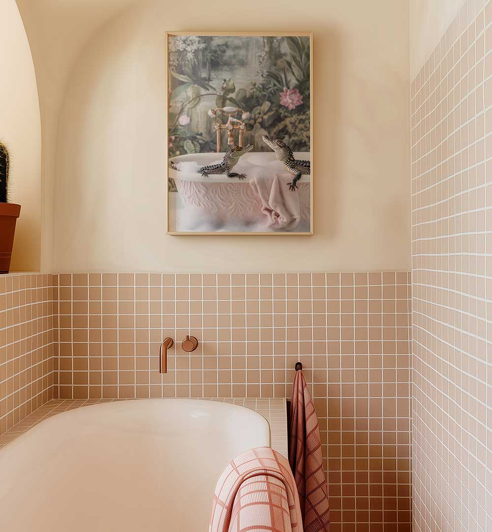 CROCODILE BUBBLE BATH , BATHROOM ART PRINTS