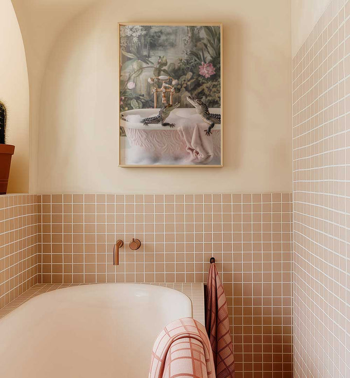 CROCODILE BUBBLE BATH , BATHROOM ART PRINTS