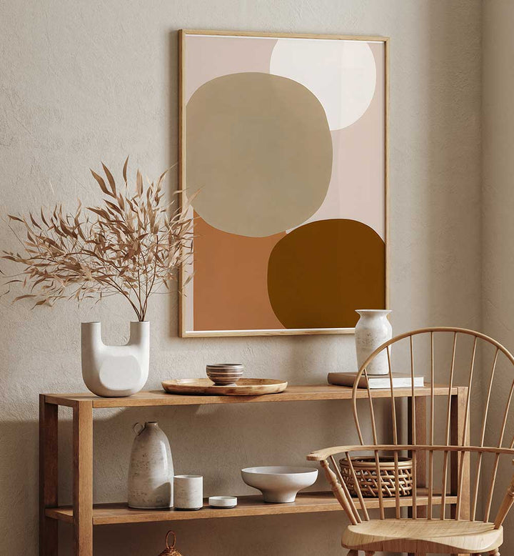 EARTHY MINIMALIST , GEOMETRIC ART PRINTS with abstract shapes complementing neutral decor in a modern cozy living space