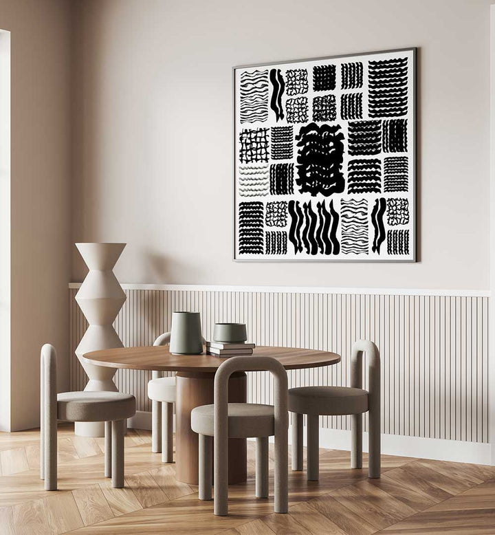 Elevate your decor with SQUIGGLE GRID II, GEOMETRIC ART PRINTS, showcasing bold patterns in a modern setting.