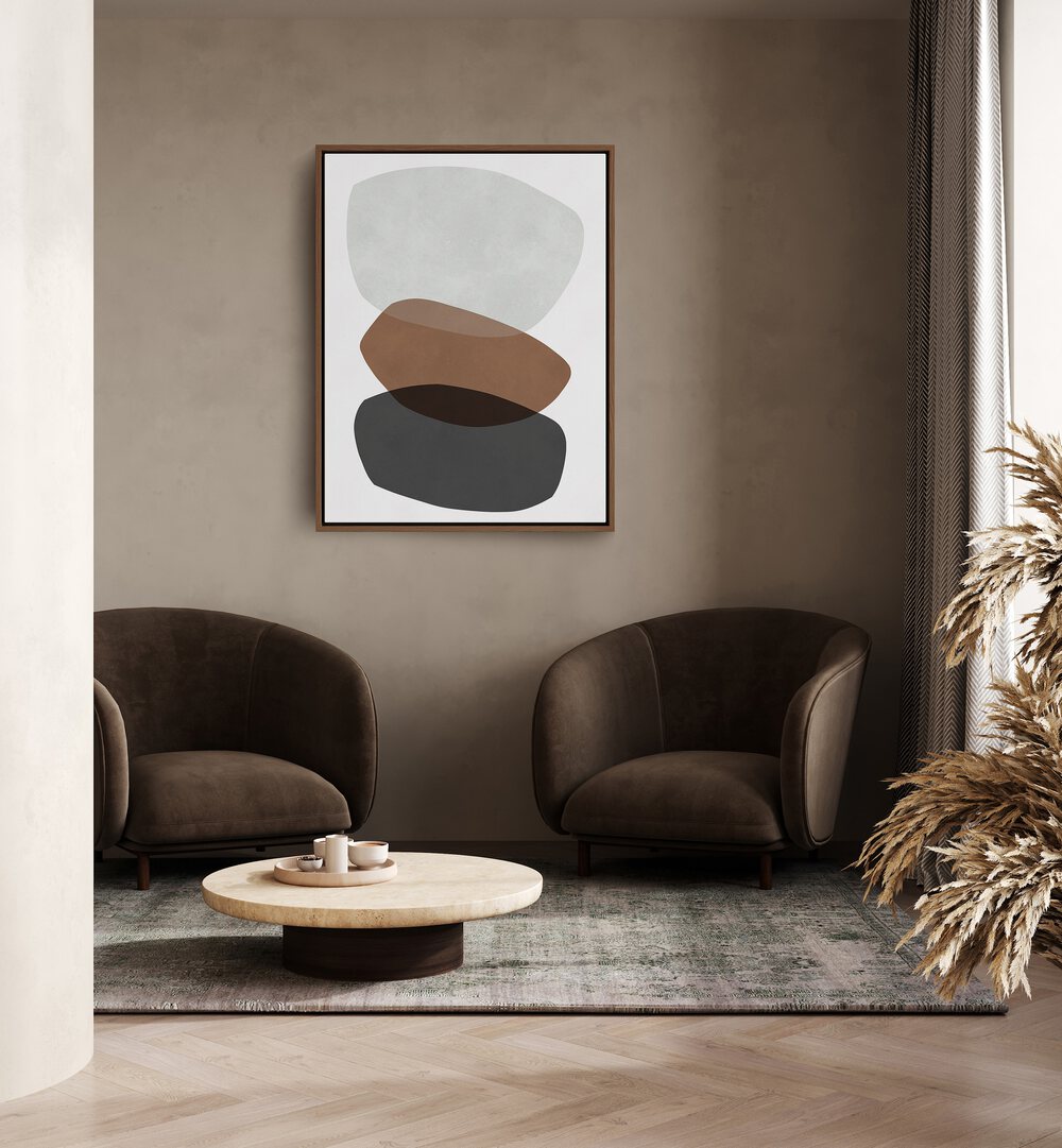 Stylish interior featuring ROCK OVERLAY VII, ABSTRACT PAINTINGS, enhancing modern decor with earthy tones.