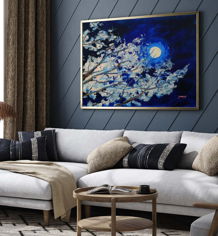 Stunning BLUEMOON, LANDSCAPE PAINTINGS adorn a stylish living room with modern decor and cozy textures.