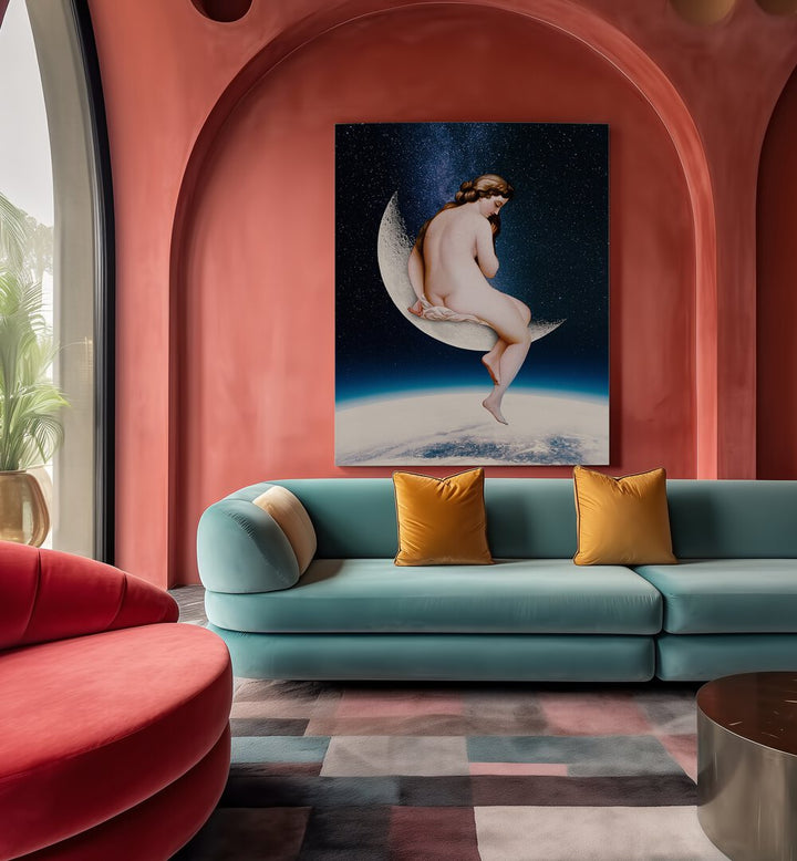 Stylish living room featuring MOONWATCHER, ALTERED ART PRINTS, adding whimsy to the contemporary decor.