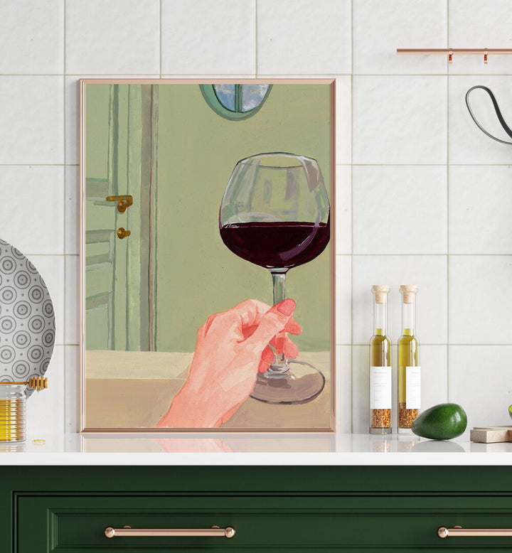 Elegant hand holding a glass of red wine, symbolizing QUALITY TIME, BAR & CAFE ART for memorable moments.