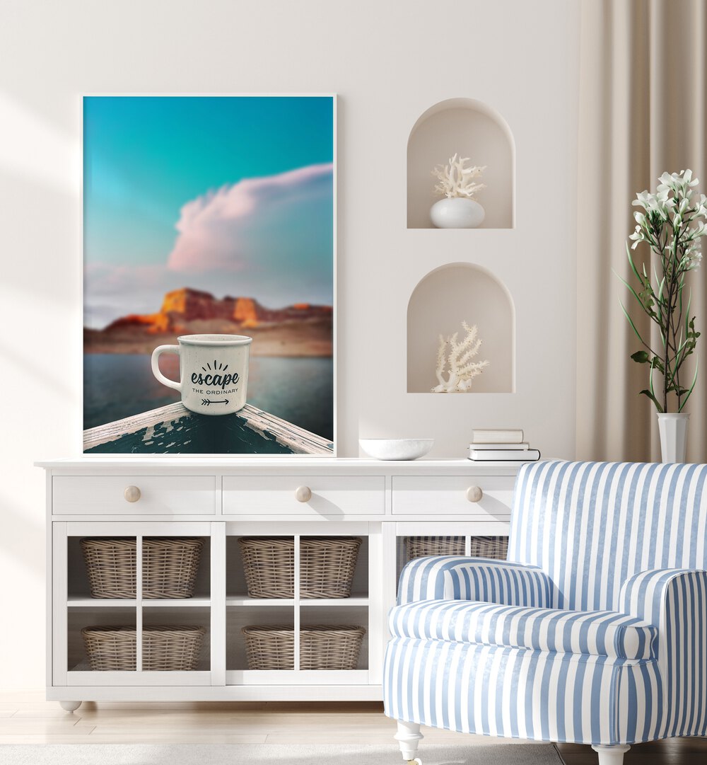 Stylish décor featuring a mug and a poster, promoting ESCAPE USA TRAVEL, QUOTES for adventurous spirit.
