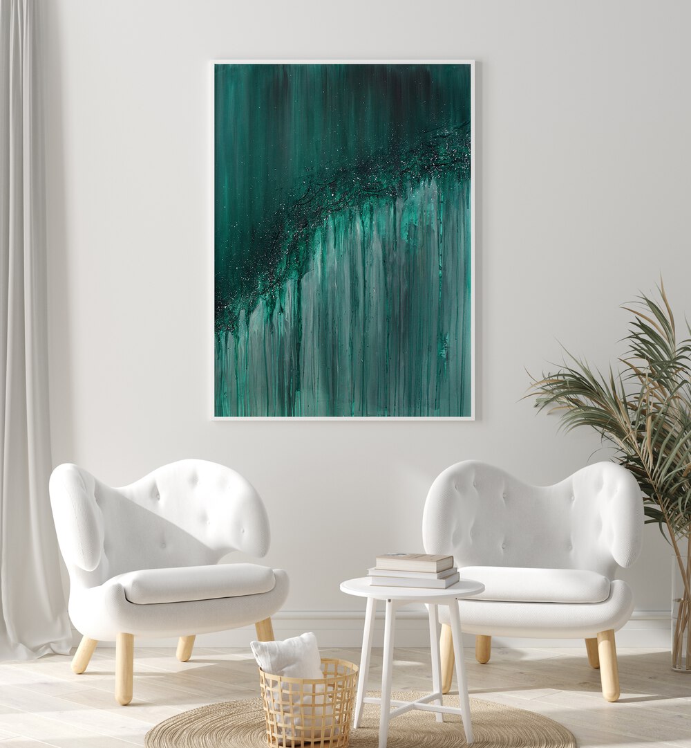 Stylish living room featuring "SERENITY MEETS CHAOS, ABSTRACT PAINTINGS" with calming teal hues and modern decor.