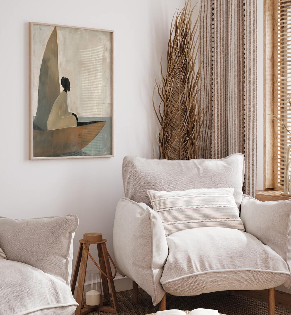 Elegant WOMAN ON BOAT, PORTRAITS artwork, perfect for enhancing any modern living space decor.