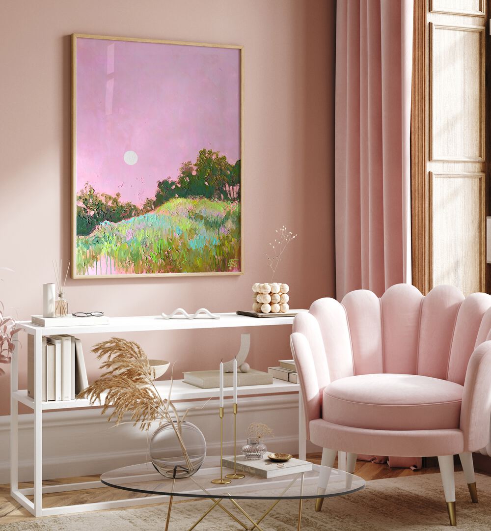 Serene PINK GREEN HILLS, LANDSCAPE PAINTINGS display soft pink and green hues, perfect for art enthusiasts’ spaces.