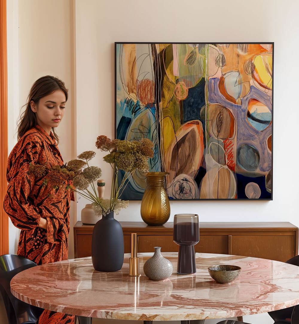 Vibrant ELEMENTS ORGANISEES IV, ABSTRACT PAINTINGS adorn a stylish room, enhancing modern decor with artistic flair.