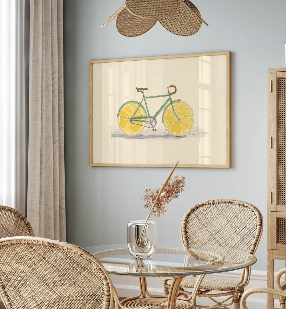 Bright and colorful BICYCLE WITH LEMON WHEELS, KITCHEN POSTERS add a fun touch to any modern dining space.