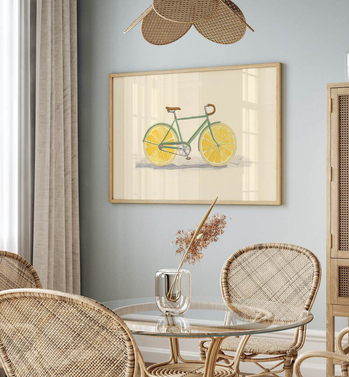 Bright and colorful BICYCLE WITH LEMON WHEELS, KITCHEN POSTERS add a fun touch to any modern dining space.