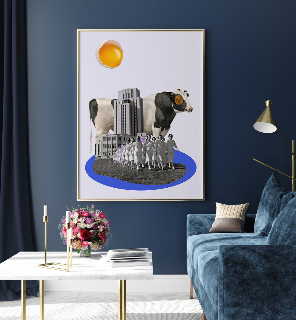 Whimsical COW IN THE CITY, SURREAL ART PRINTS blend urban charm and rustic appeal for unique home decor.