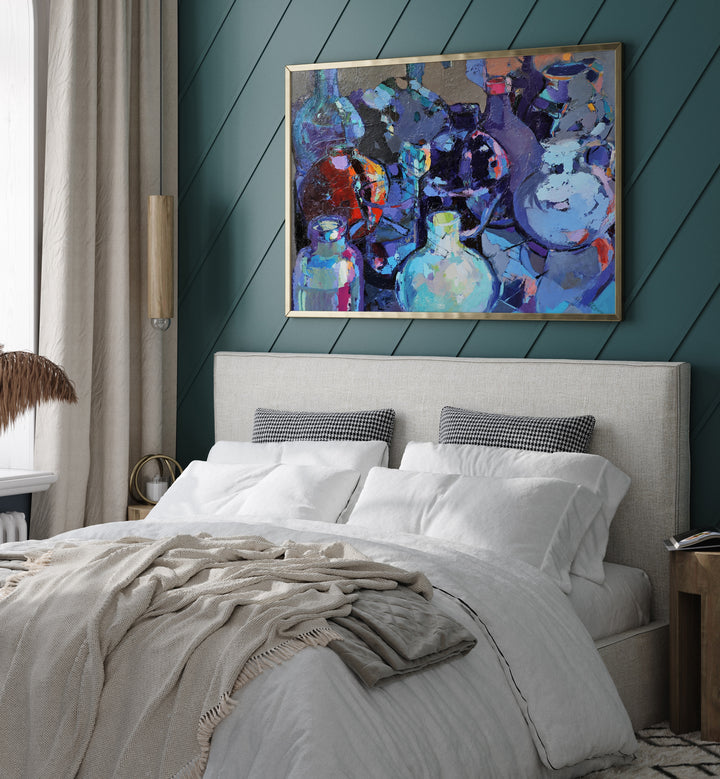 Elegant GLASS JUGS and vibrant ABSTRACT PAINTINGS enhance your space with sophistication and style. Perfect for any decor.