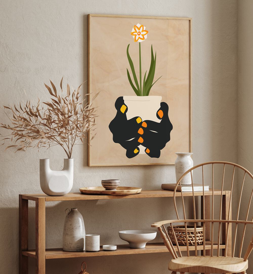 Elegant HOLDING HOPE, FLORAL FLOWER PAINTINGS featuring hands cradling a potted flower, perfect for home decor.