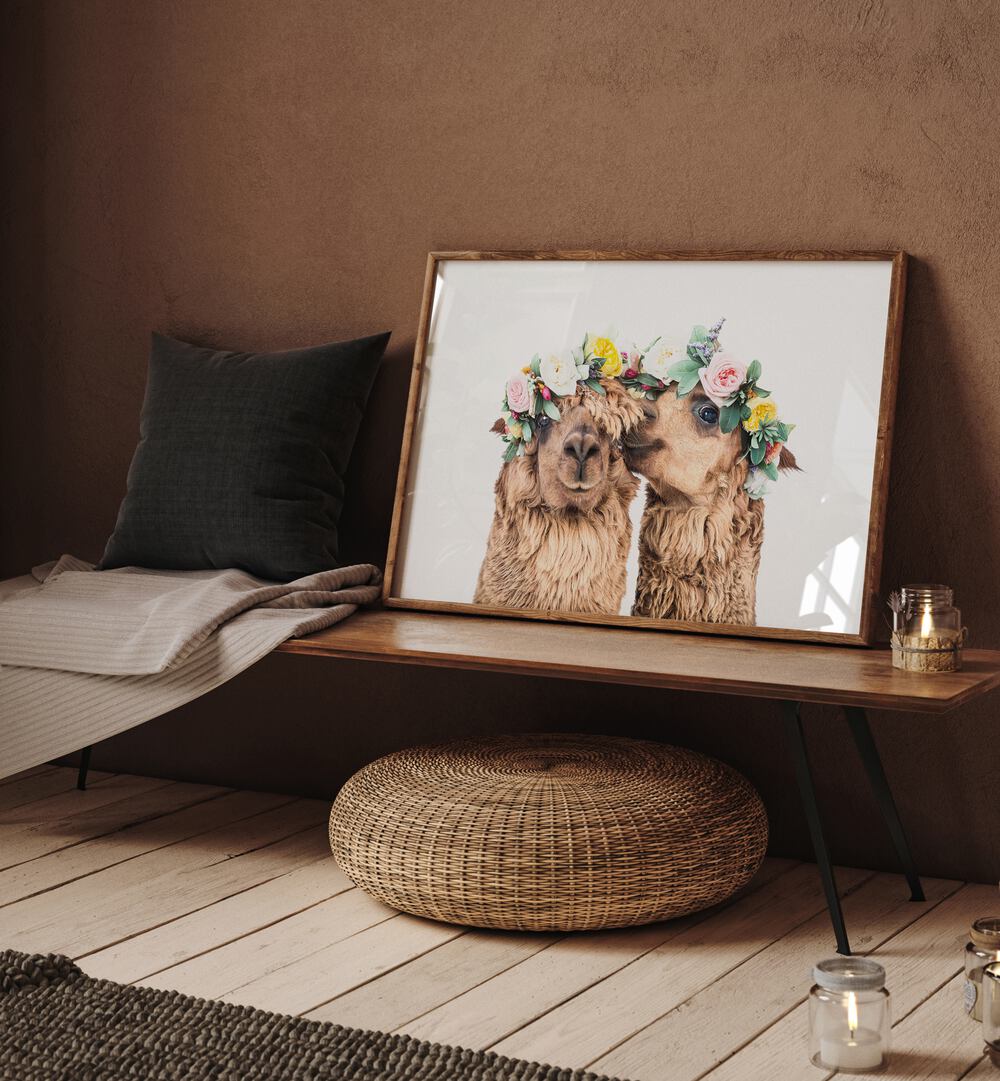 Charming BOHO ALPACAS, ANIMAL PAINTINGS adorn a cozy space, adding bohemian flair to home decor.