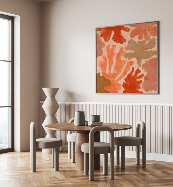 Stylish dining area featuring TEXTURES OF TERRA VI, ABSTRACT PAINTINGS, enhancing the modern aesthetic with vibrant colors.