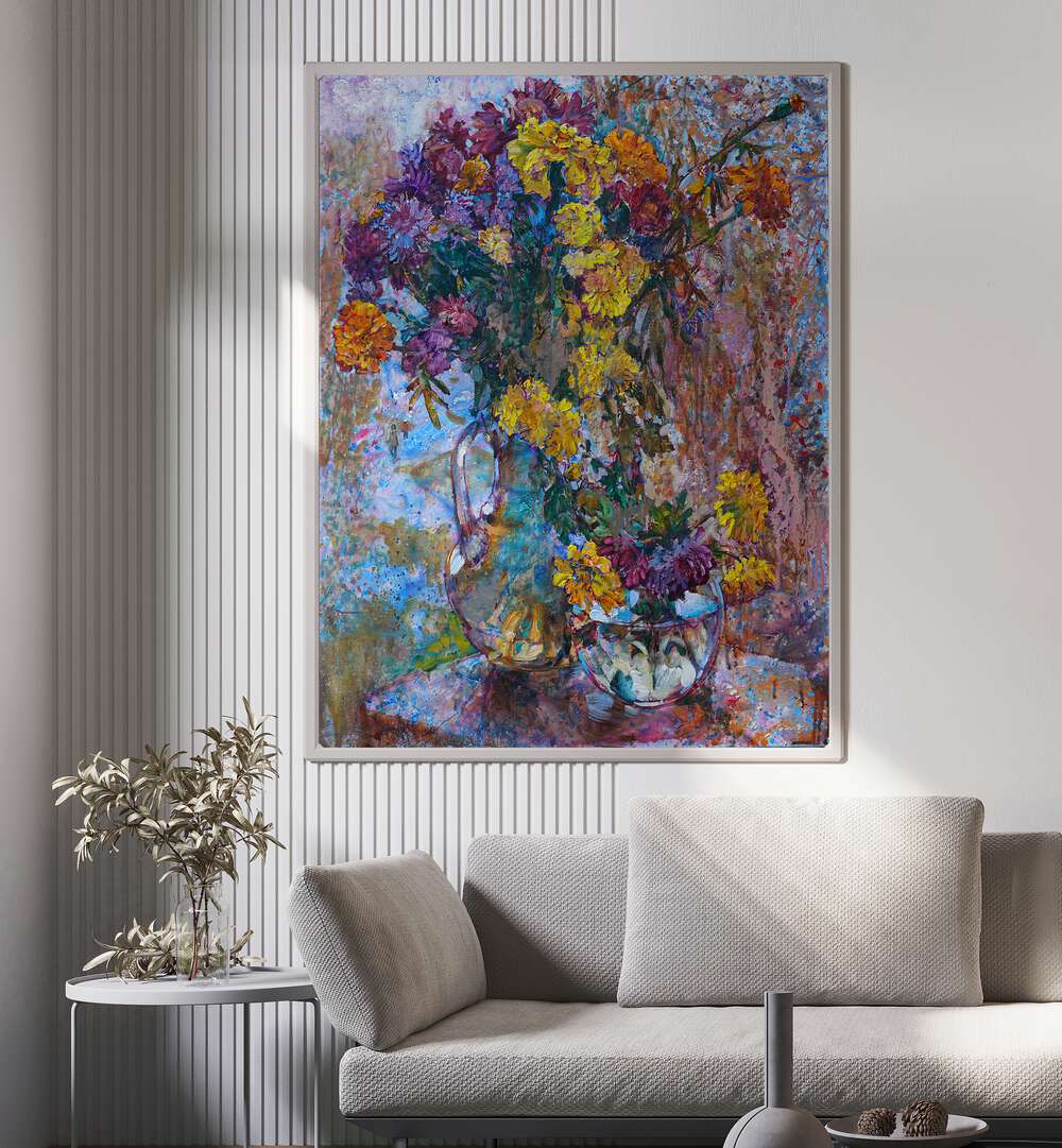 Vibrant CHRYSANTHEMUMS AGAINST RAIN, FLORAL FLOWER PAINTINGS bring nature's beauty indoors, enhancing any space.