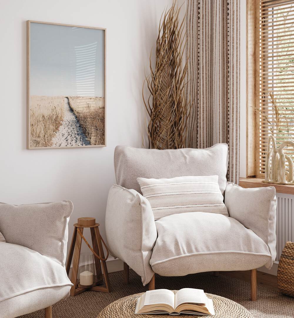 Cozy living space featuring "TO THE BEACH, BEACH PAINTINGS" that evoke sunlit coastal vibes and relaxation.