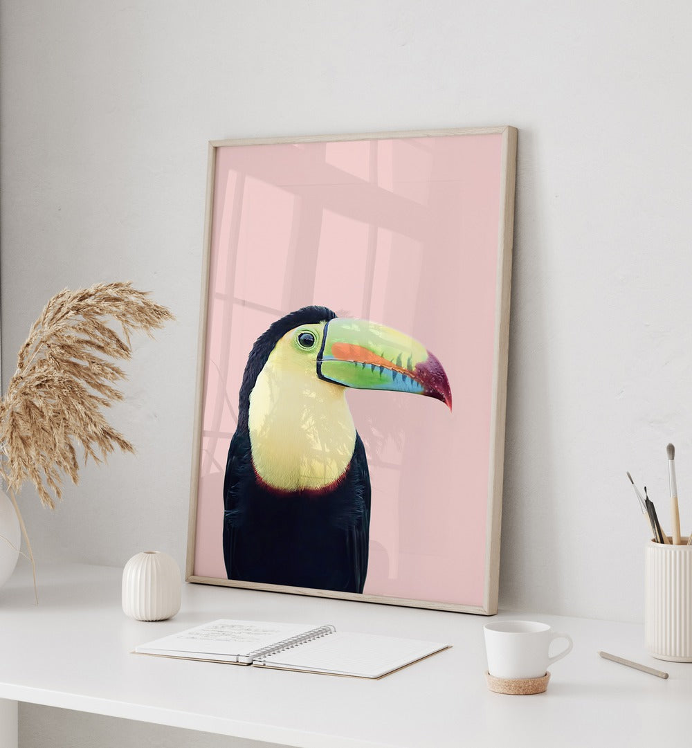 Vibrant TOUCAN ON PINK, ANIMAL PAINTINGS enhances your home décor with tropical charm and exotic beauty.