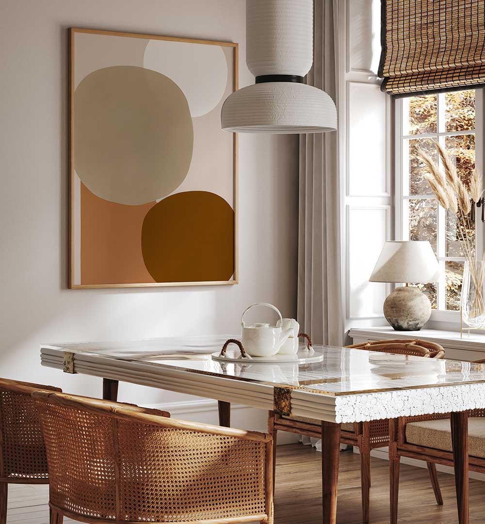 EARTHY MINIMALIST , GEOMETRIC ART PRINTS featuring abstract shapes in warm tones enhancing a cozy dining space ambiance