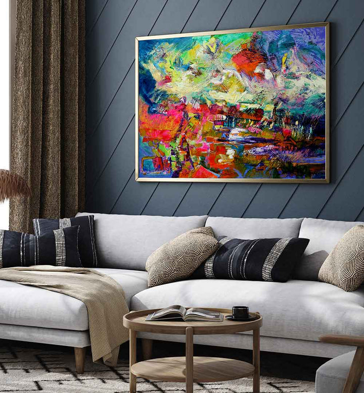 EXPRESSIONIST , ABSTRACT PAINTINGS vibrant framed canvas with bold color, texture hanging above sofa in living room