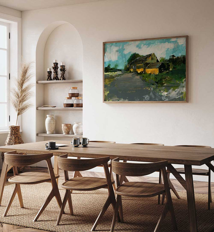 Transform your space with COUNTRY BARN I, LANDSCAPE PAINTINGS, showcasing serene countryside beauty and tranquility.