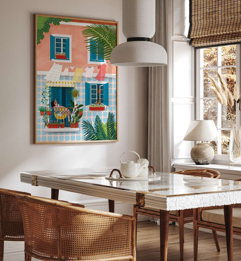 LISBON II, PORTRAITS artwork by Petra Holikova showcasing vibrant Lisbon culture in a stylish dining room setting.