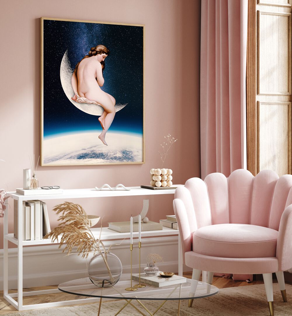 MOONWATCHER, ALTERED ART PRINTS adorn a chic pink room, blending creativity and whimsy for stylish decor.