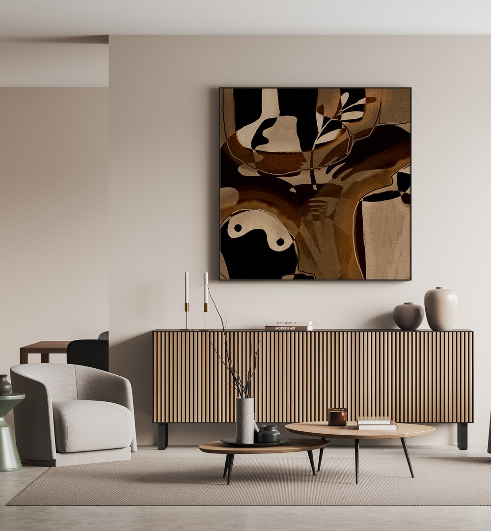 Modern living room featuring BECOMING IV, ABSTRACT PAINTINGS, enhancing personal growth and self-discovery.