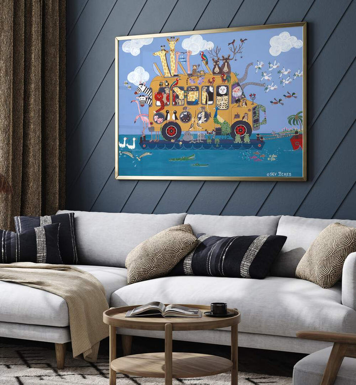 Bright and whimsical NOAHS BUS, KIDS ROOM PAINTINGS featuring Noah's adventure with adorable animals, perfect for kids' spaces.