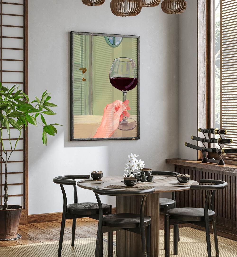 Stylish dining area featuring QUALITY TIME, BAR & CAFE ART with a wine glass, perfect for memorable moments.