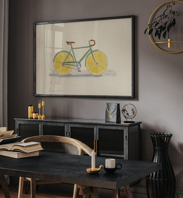 Colorful BICYCLE WITH LEMON WHEELS, KITCHEN POSTERS adds a vibrant touch to any dining space or home decor.