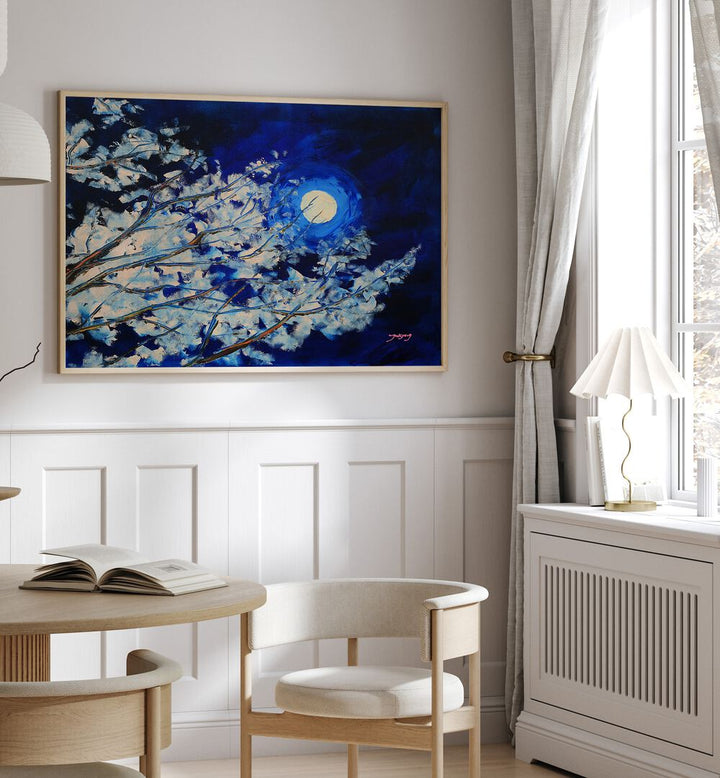 Elegant BLUEMOON, LANDSCAPE PAINTINGS featuring a moonlit scene with white blossoms, perfect for modern decor.