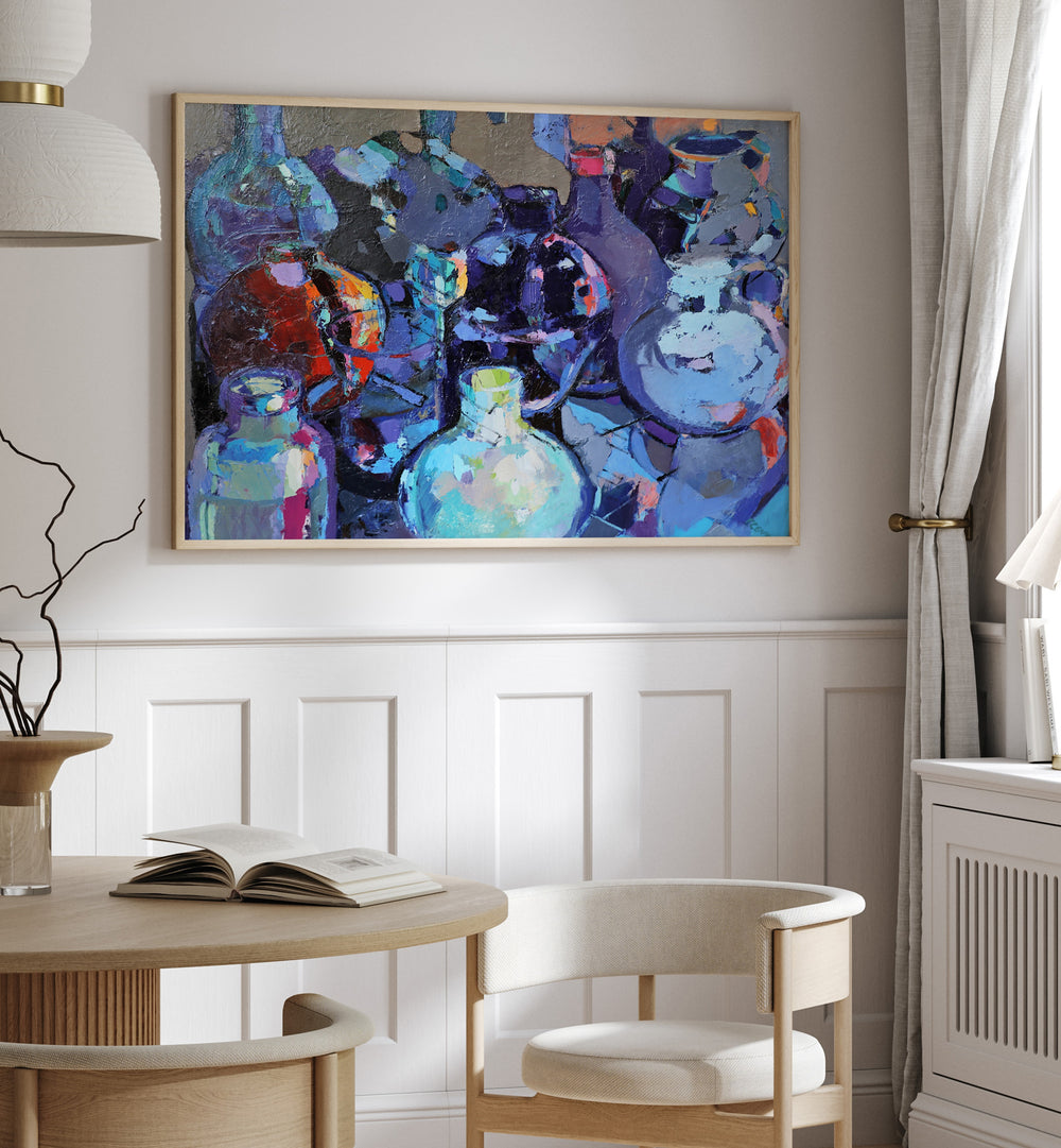 Elegant GLASS JUGS and vibrant ABSTRACT PAINTINGS create a stunning focal point for any modern home decor.