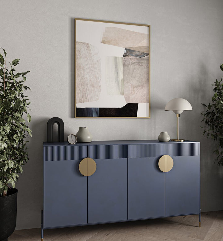 Stunning CLAY II, ABSTRACT PAINTINGS showcased above a modern blue cabinet, enhancing any living space decor.