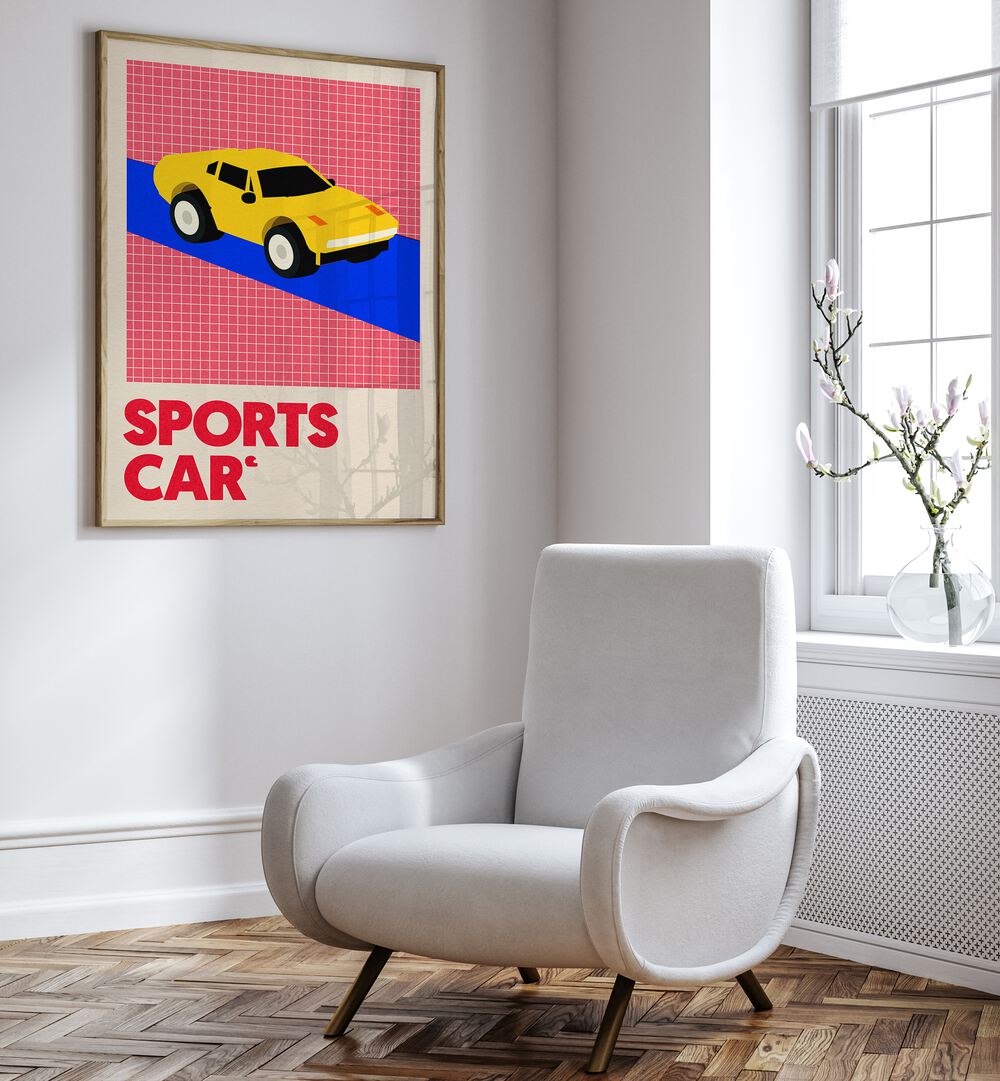 Vibrant SPORTS CAR, CAR POSTERS featuring a sleek yellow design, perfect for automotive enthusiasts’ decor.
