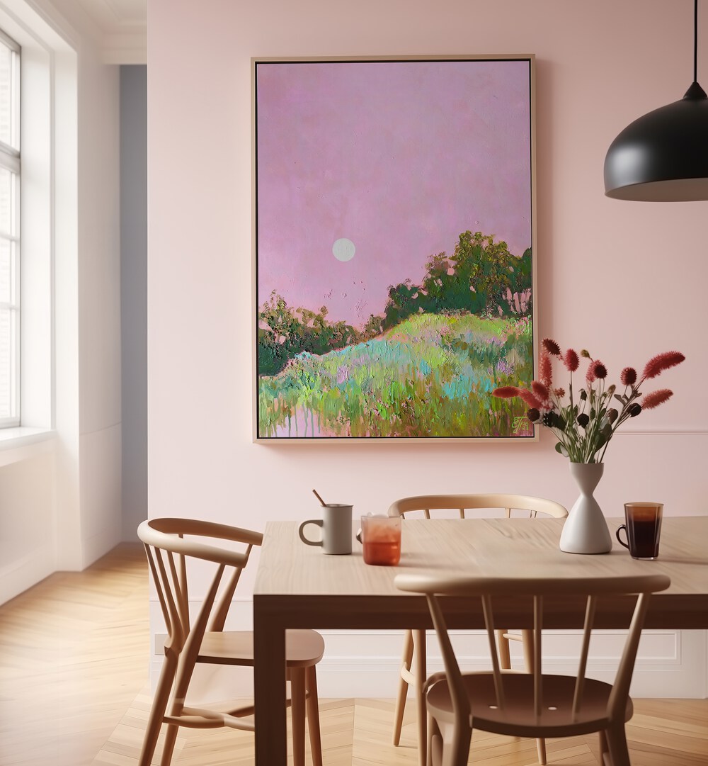 Tranquil PINK GREEN HILLS, LANDSCAPE PAINTINGS adorning a cozy dining space, enhancing serene home decor.