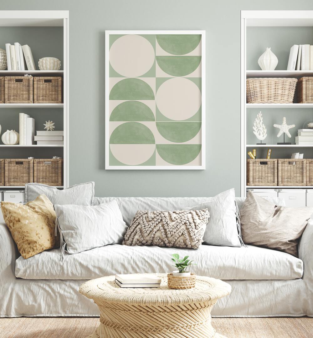 Stylish living room featuring MID CENTURY MODERN I, GEOMETRIC ART PRINTS by THE MIUUS STUDIO, enhancing modern aesthetics.